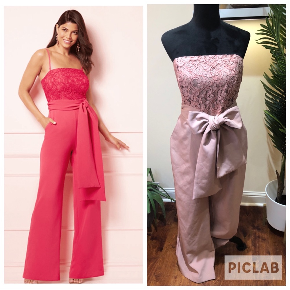 NY&Co EVA MENDES GOLNESA LACE BODICE Pink Wide Leg Strapless Jumpsuit 8